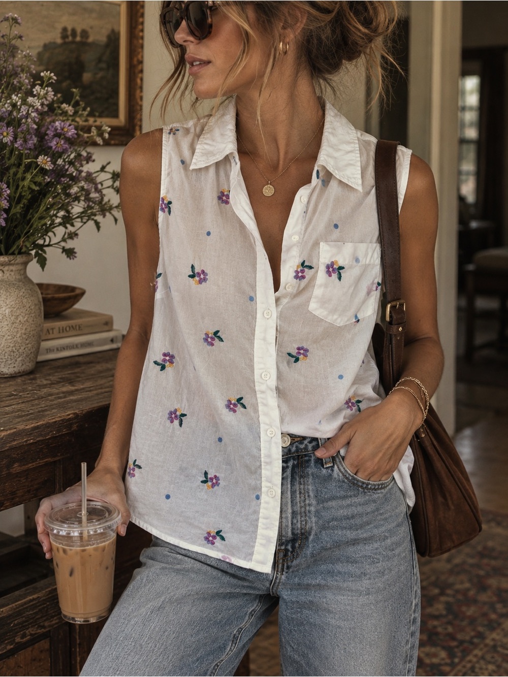 Boden White Sleeveless Button-Front Violet Floral Shirt sz 6 US 10 UK
